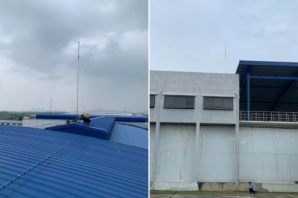 Hệ thống chống sét hoàn thiện tại Nhà máy nước Hải Phòng 8, nhìn từ trên mái và từ mặt đất, cho thấy sự lắp đặt chắc chắn và thẩm mỹ.