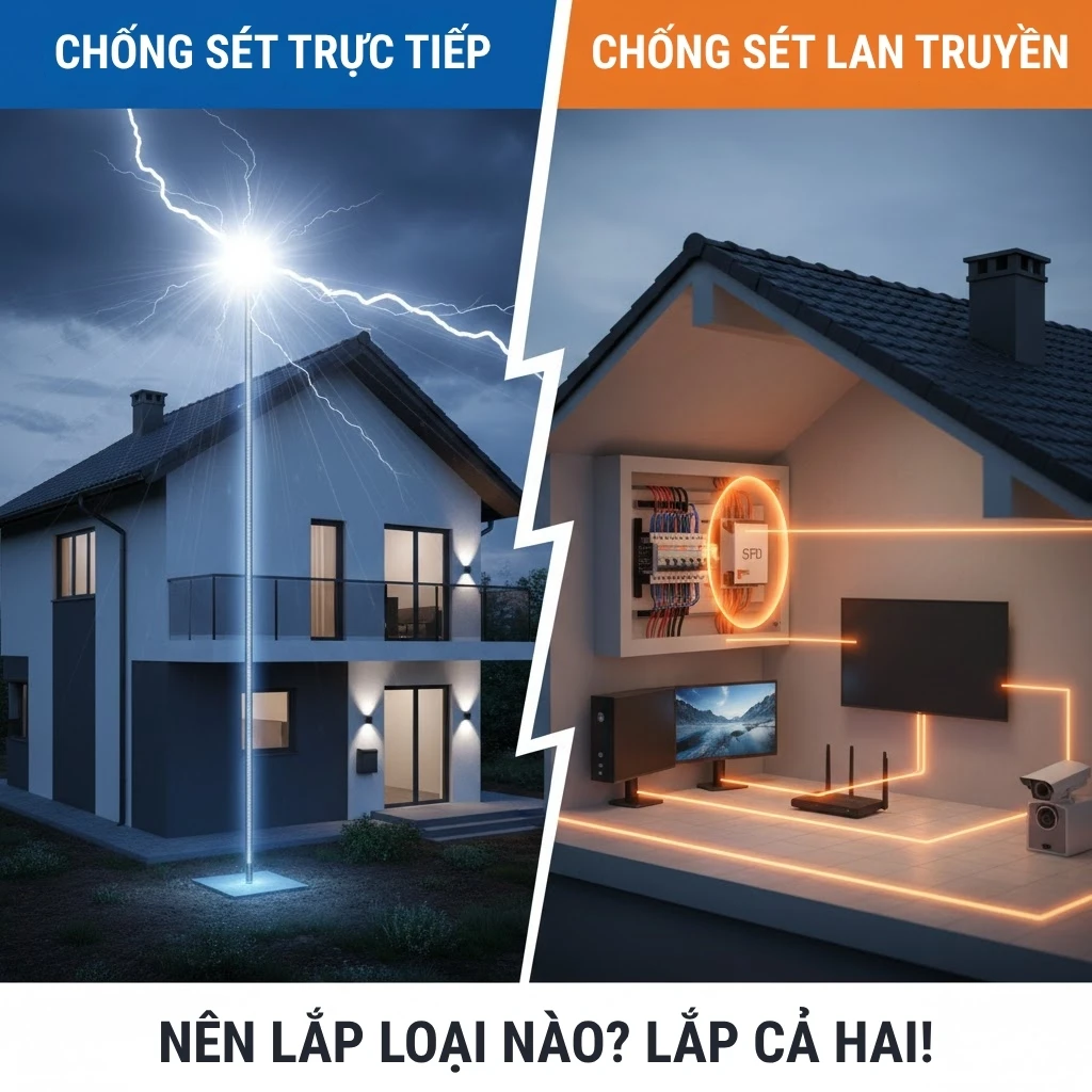 Hình minh họa sự khác nhau giữa chống sét trực tiếp và chống sét lan truyền
